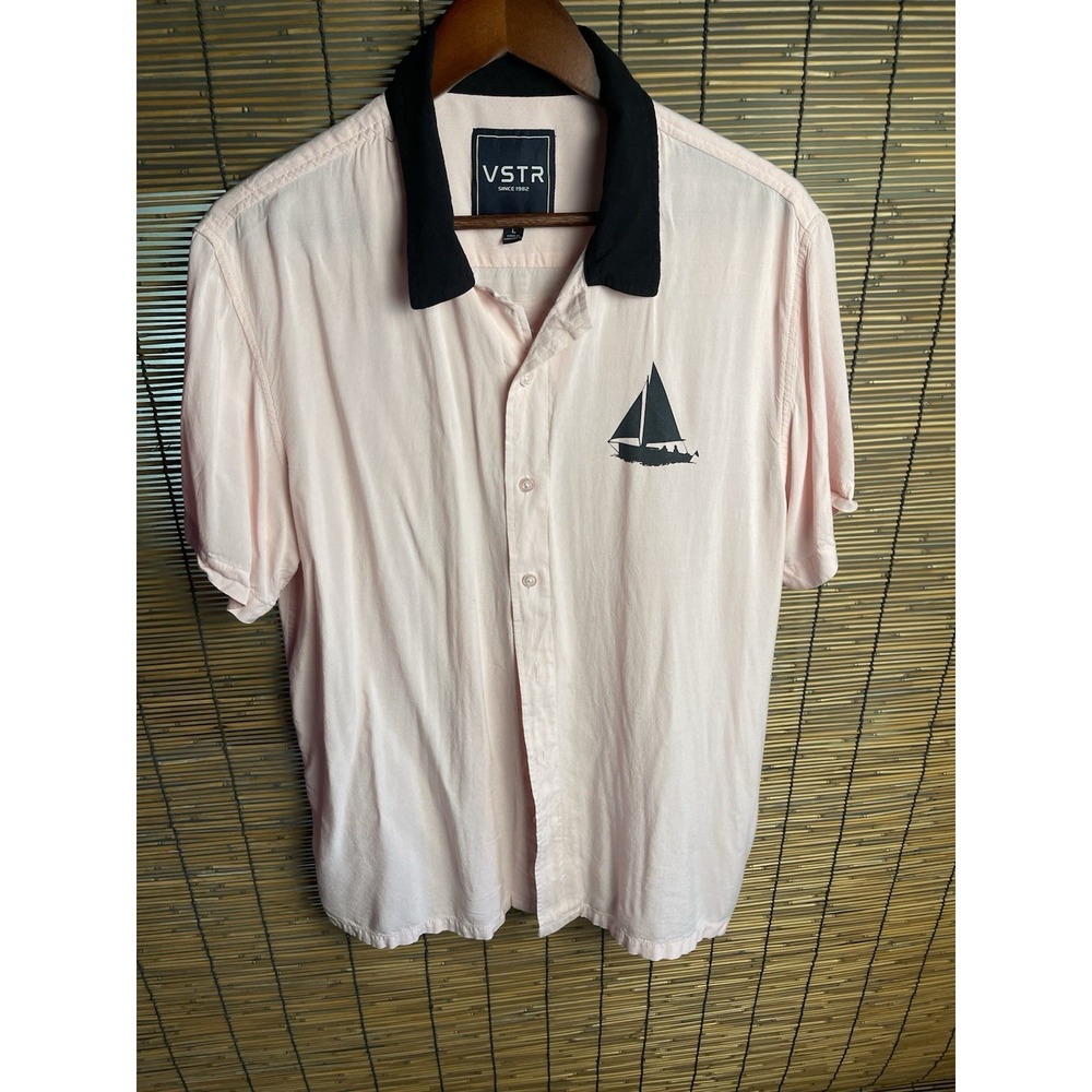 VSTR Mens Button Up Shirt Pink Contrasting Black Collar Sailboat Graphic Size L